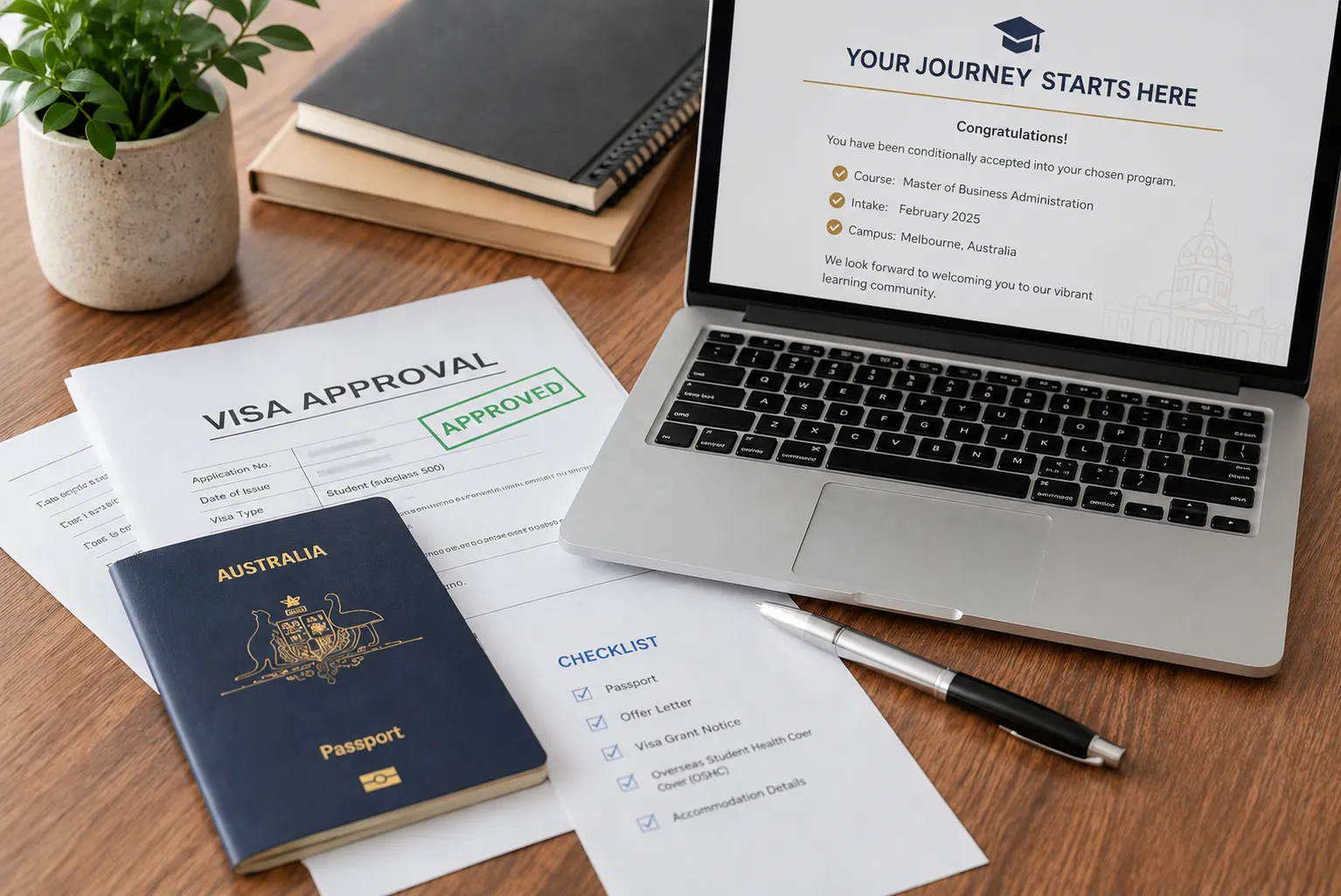 Passport, visa documents and laptop laid out on a desk