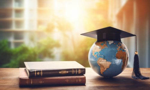 graduation cap and tassel with a globe on a desk stock photo, in the style of motion blur panorama, double exposure, travel, scientific diagrams, installation creator, use of earth tones, high quality photo --ar 76:51 --v 5.2 Job ID: 593fcf85-f225-46b1-bbe2-686900476715